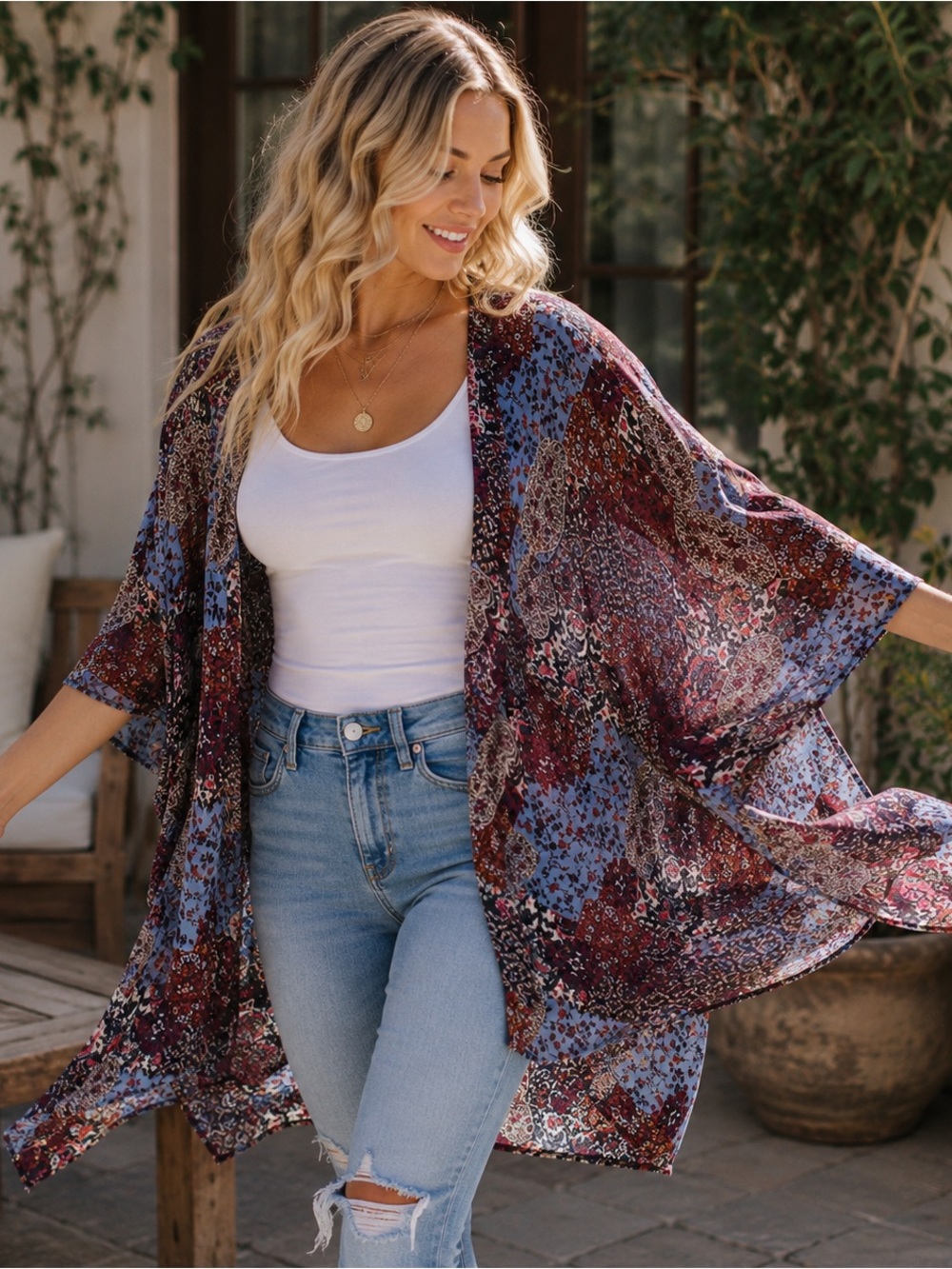 Maurices Floral Paisley Kimono Cardigan Sheer Boho Duster L/XL